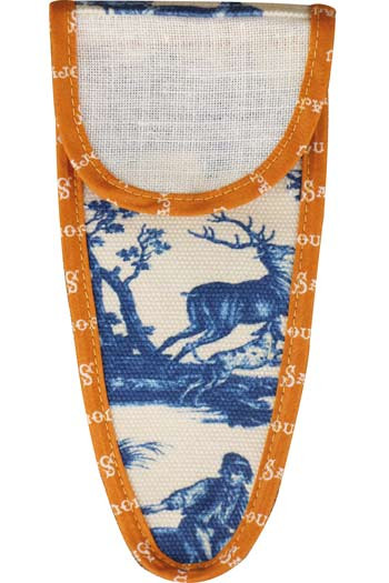 Étui Sajou pour ciseaux taille XL Toile de Jouy bleue biais orange Étui Sajou pour ciseaux taille XL Toile de Jouy bleue biais orange
