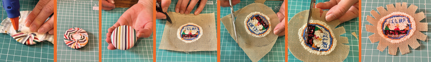 Das Kleben des Stoffs und die Vorbereitung des Canvas für die Montage der Sajou Puffies in Petit Point