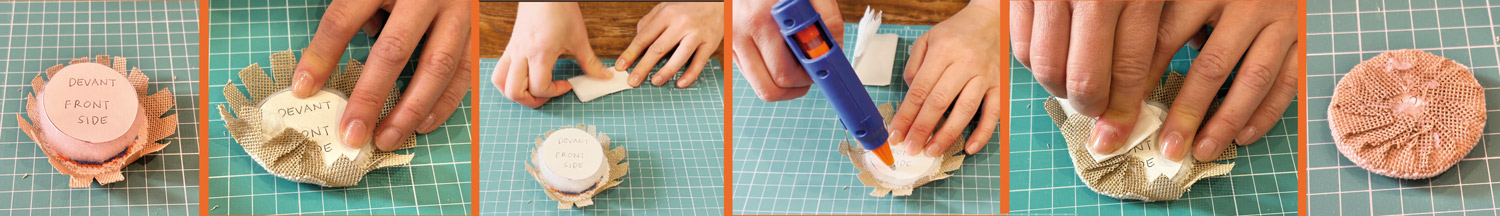 Das Kleben von Stoff und Canvas für die Montage der Sajou Puffies in Petit Point