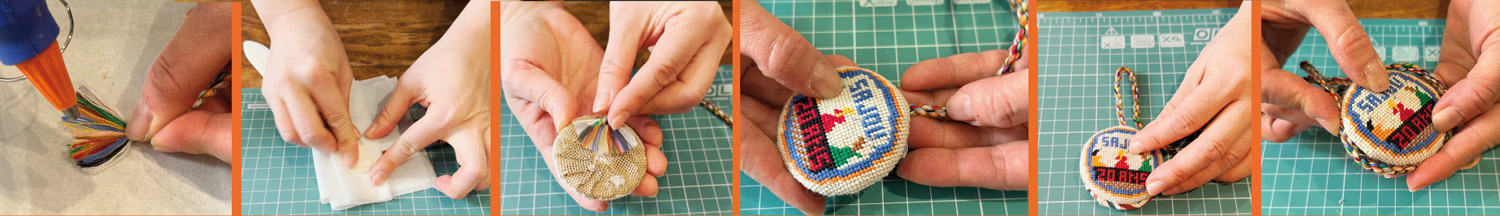 Das Anbringen der Kordel um das Puffie-Medaillon in Petit Point