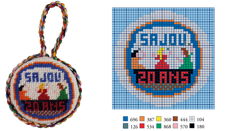 The stitched Sajou puffie Petites Filles brodant and its chart