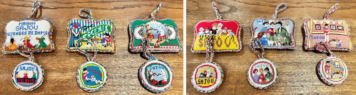 Sämtliche Petit Point Kits Puffies mit ikonischen Sajou Motiven